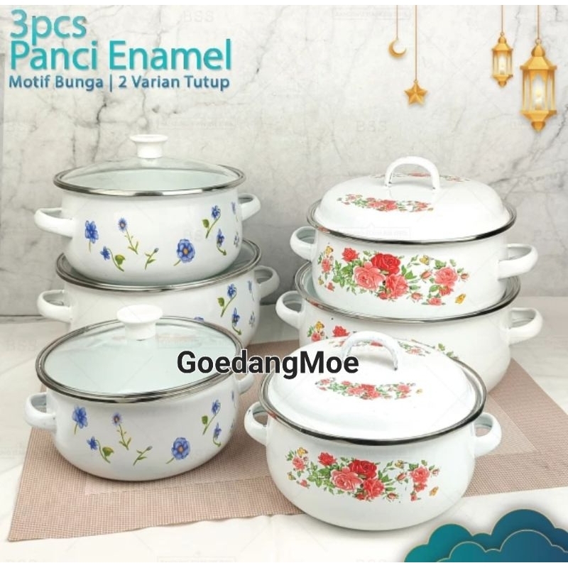 Panci enamel set 3pc Panci masak sup motif enamel 3p tutup kaca / tutup enamel