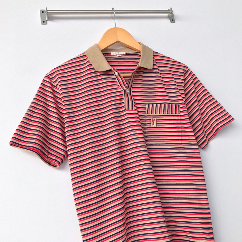Polo Shirt YSL Yves Saint Laurent Original Authentic Vintage Stripe Garis Salur Kaos Kerah Lengan Pe