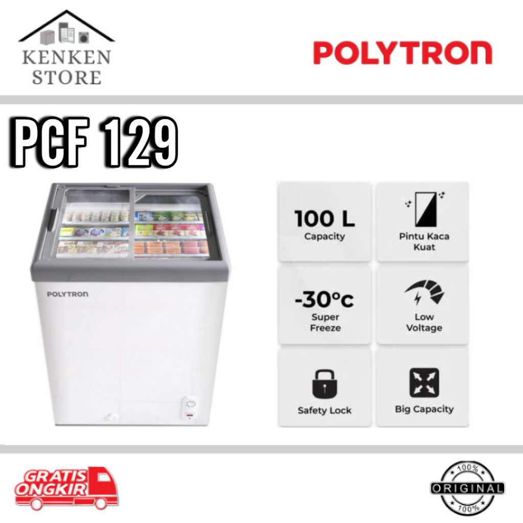 CHEST FREEZER POLYTRON PCF 129 PINTU KACA SLIDDING 100LITER BOX FREEZER PINTU KACA