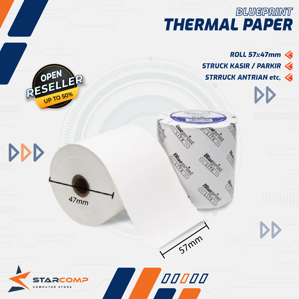 

KERTAS THERMAL STRUK KASIR BLUEPRINT LITE 57X47 P mm 1 PACK ISI 10 ROL