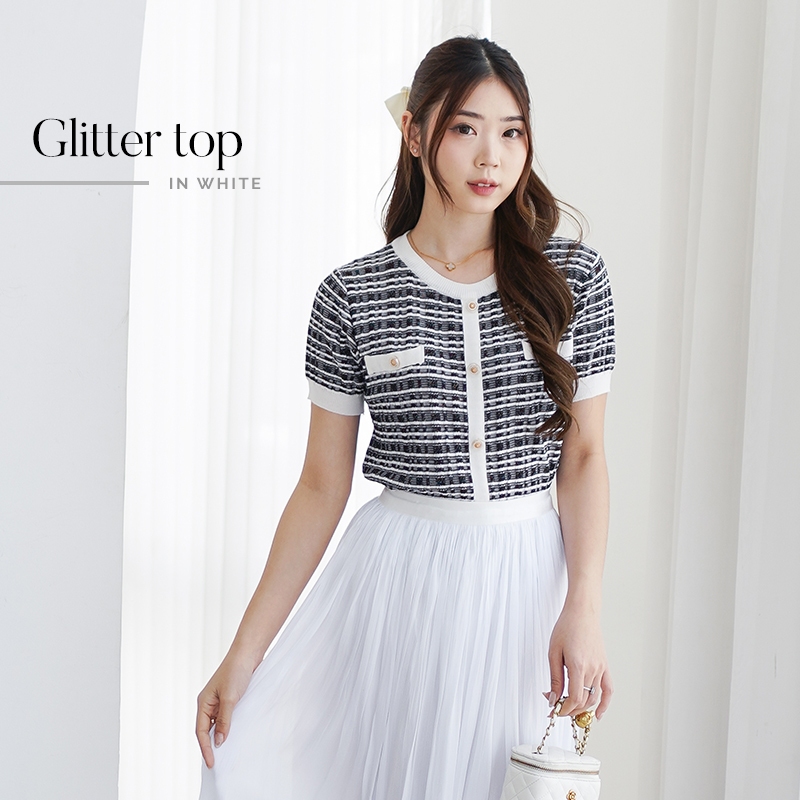 [DEAROLIN] Glitter Top | Atasan Knit Wanita Blouse Korean Top Baju Knit Lengan Pendek Short Sleeve