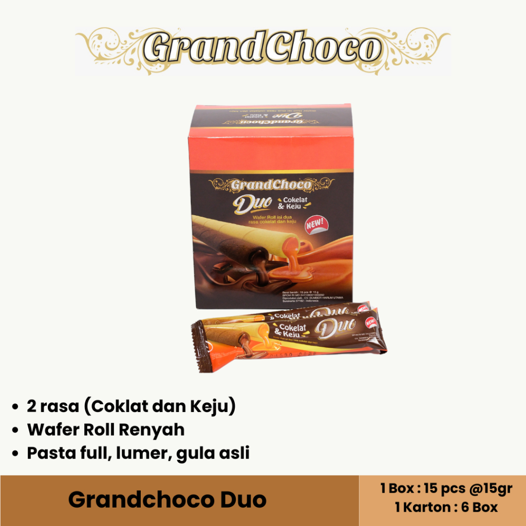 

Grandchoco Duo (Wafer Roll dengan 2 rasa : Coklat & Keju)