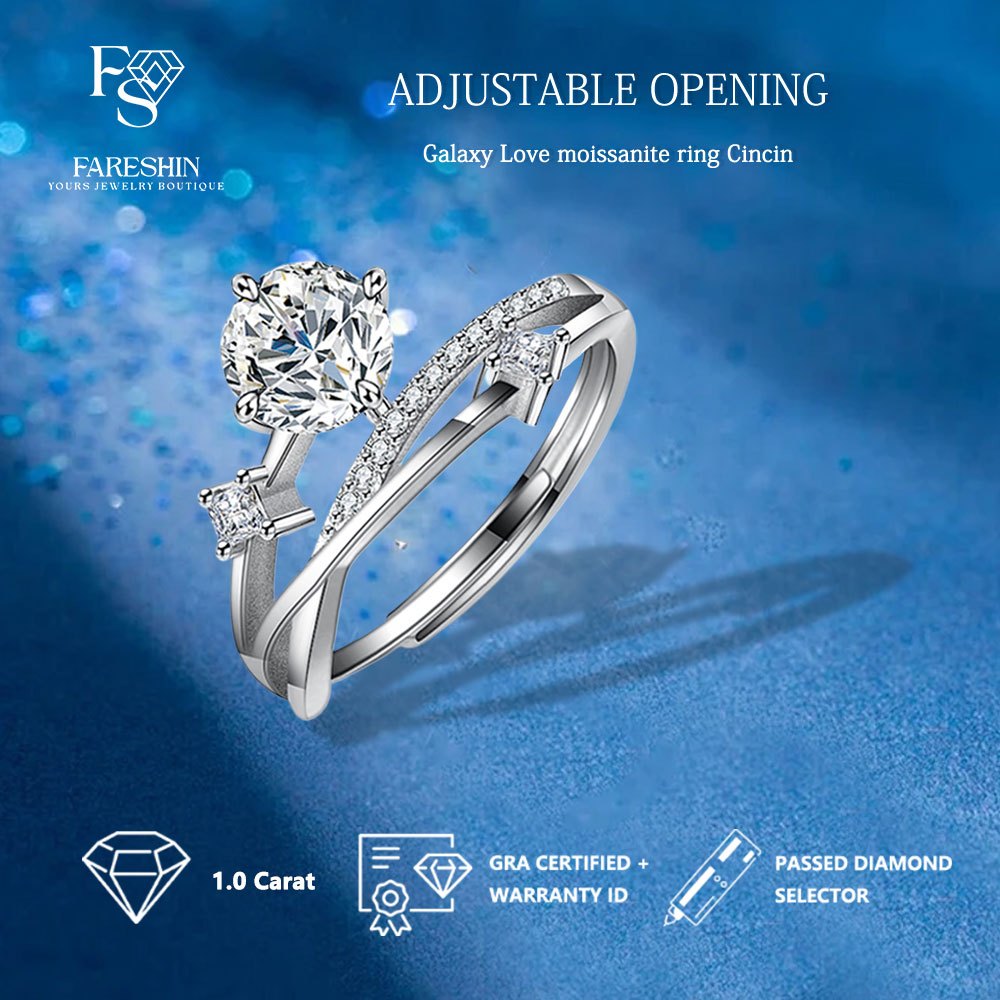 Fareshin Jewellery-Wanita perak Cincin Moissanite Original Design Galaxy Love White Gold 18K