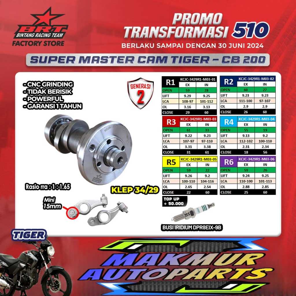 MASTER CAM NOKEN AS CAMSHAFT ROCKER ARM GENERASI 2 KLEP 34/29 BRT - TIPE /R/M/HEREX - HONDA TIGER (B