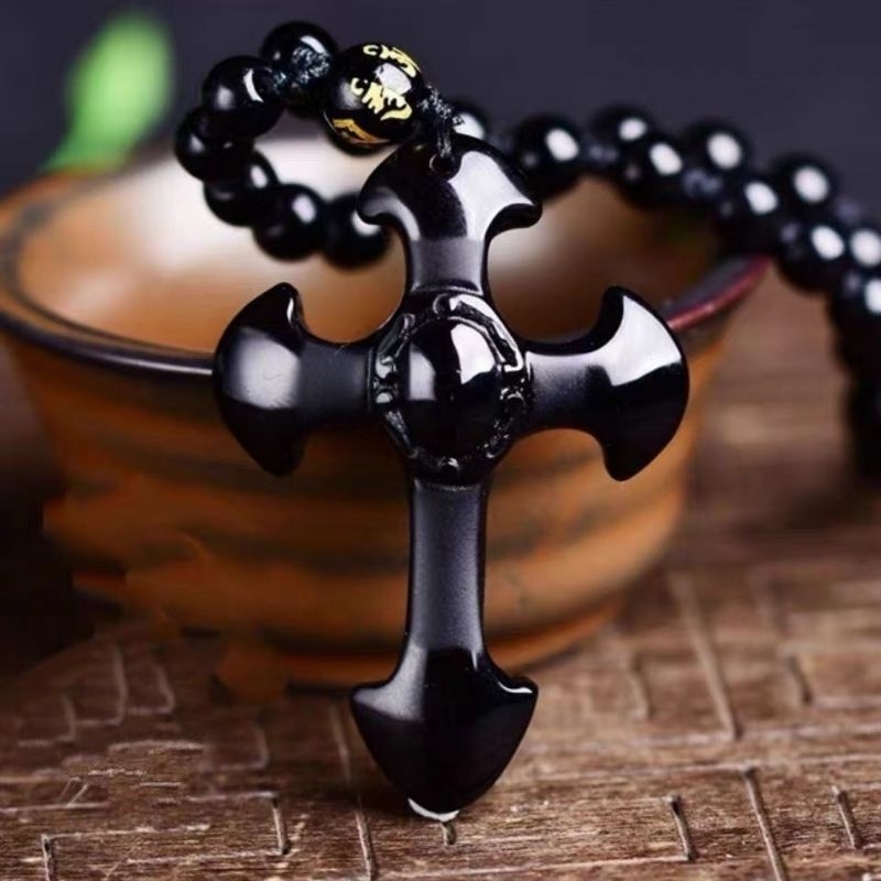 Kalung Salib Batu Sintetis Full Hitam/Vintage Christian Cross Obesidian Pendan/Kalung Pria Wanita Ke