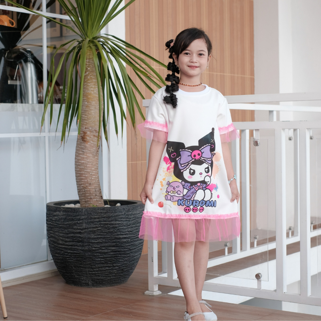 Dress Duyung Motif Kuromi Anak Perempuan Bahan Scuba Lembut usia 2 sampai 9 tahun