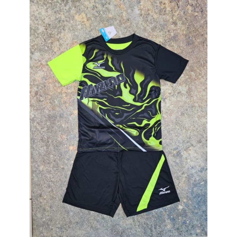 Setelan jersey anak olahraga futsal badminton volly printing motif hitam full kombi hijau stabilo