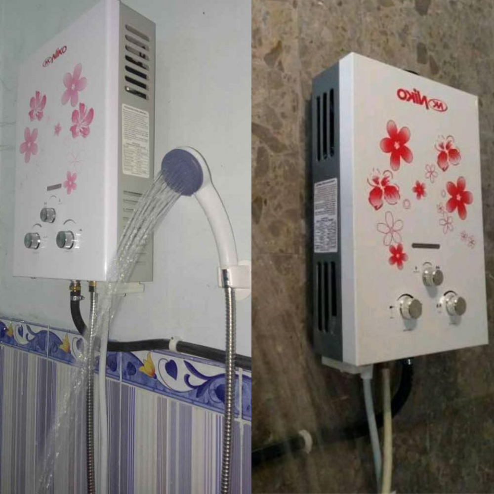 Paket Water Heater Gas Niko Pemanas Air Warna Putih Lengkap dengan Set Stainless