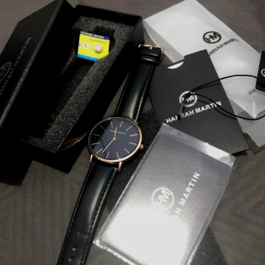 ORI FREE BOX jam tangan hannah martin pria original hitam black gold terbaru elegan mewah tahan air