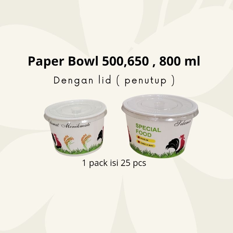 PAPER BOWL + LID PENUTUP | PAPER BOWL 500 650 800 ML | PAPER RICE BOWL MOTIF AYAM | BOWL | LID BOWL