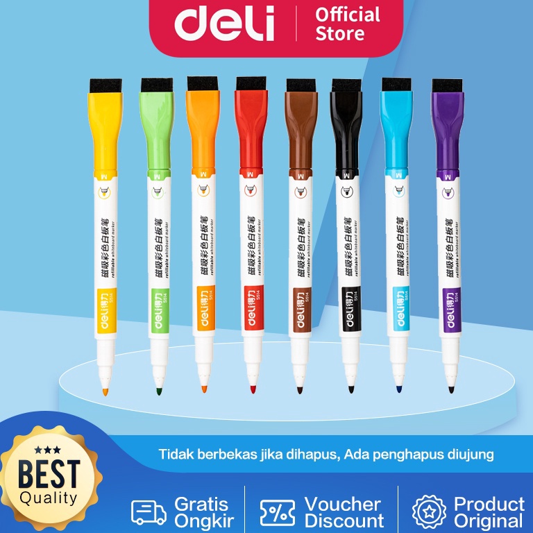 

KODE U5P7 Deli Color Whiteboard Marker Spidol Papan Tulis 8 warna Ujung Penghapus S514