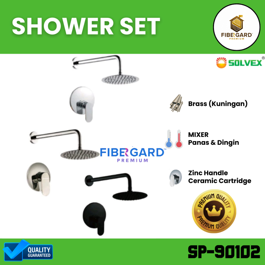 SOLVEX - Rain Shower Set Head + Handle Shower BULAT Wall Shower Tanam Kran Air Panas Dingin Brass Ku