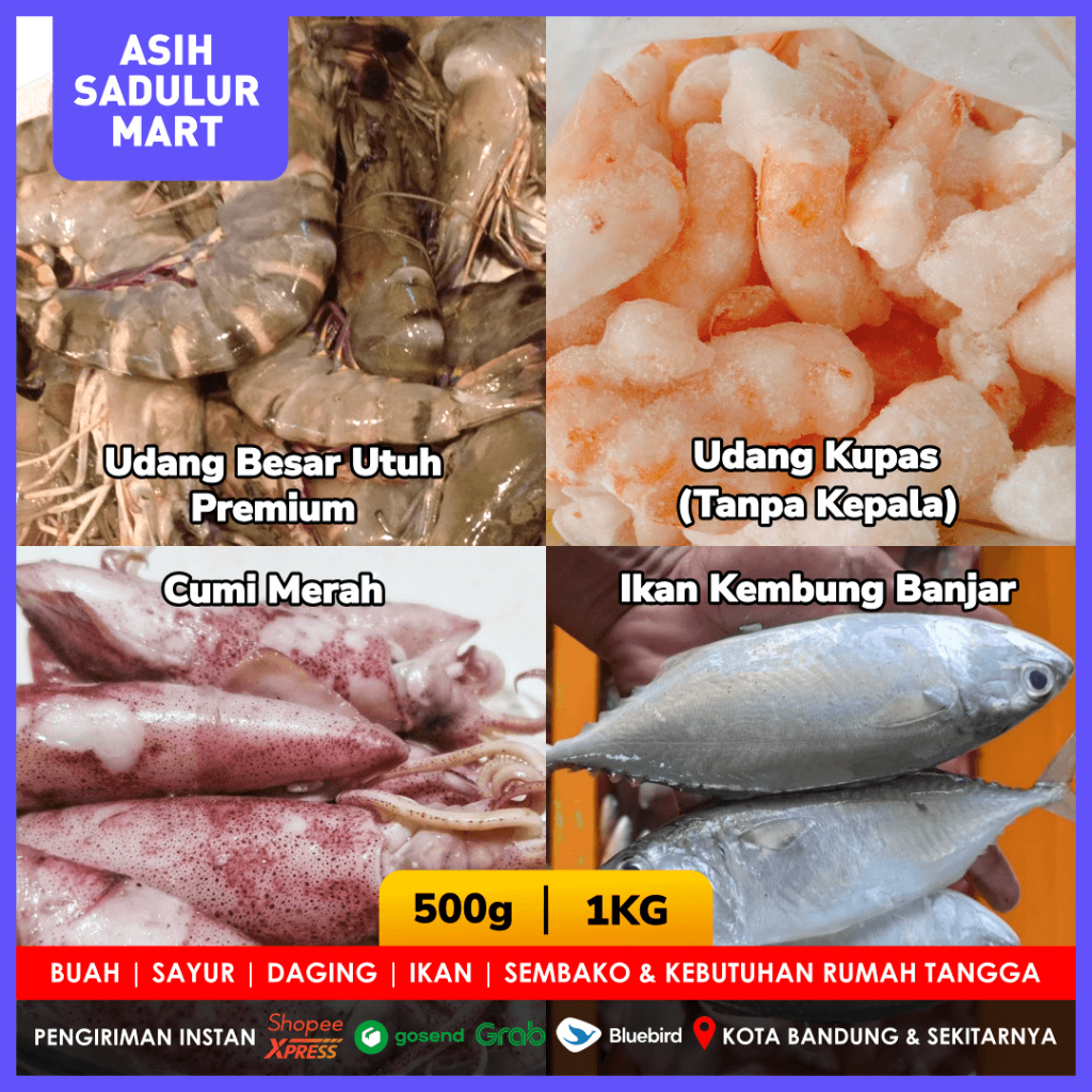 

Udang Kupas Premium Bersih Tanpa Kepala / Cumi / Ikan Kembung Beku Frozen 250gr / 500gr / 1kg Bandung