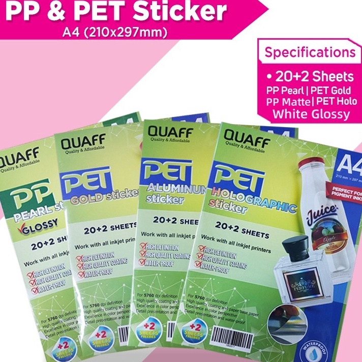 

FG2 Quaff Kes Stiker Vinyl Inkjet Anti Air A4 Size 22 Sheets Per Pack PET Holographic PET Gold PP PearlGlossy PP Matte Glossy Sticker