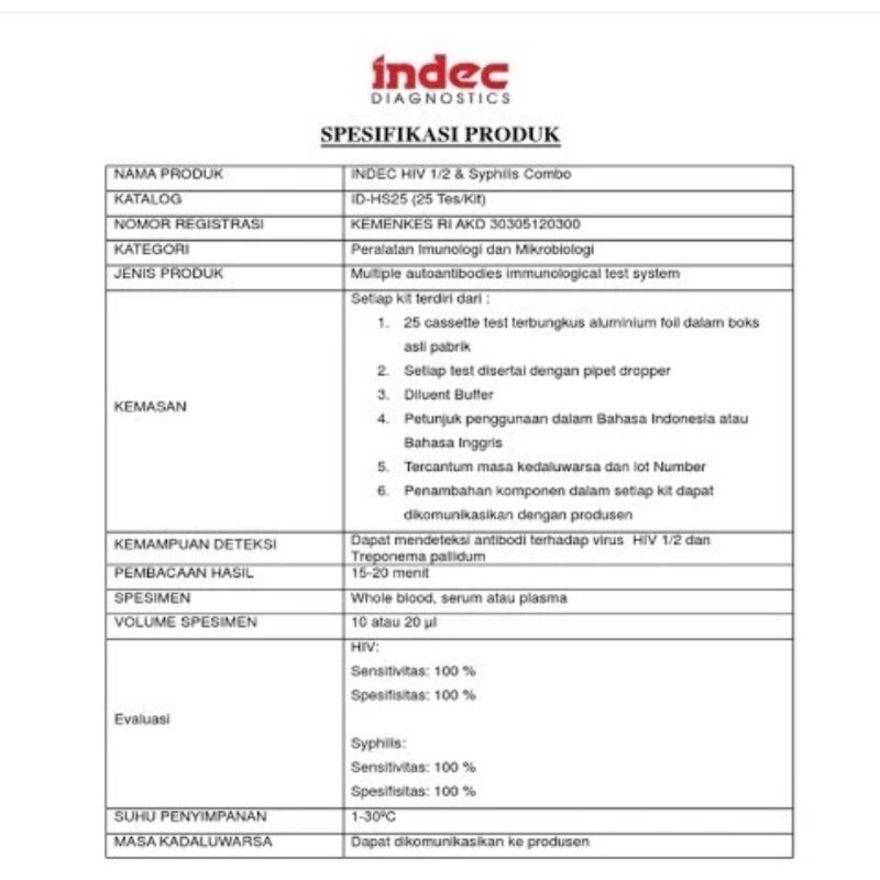 tes HIV 1/2 & syphilis combo INDEC & MERAH PUTIH isi 25