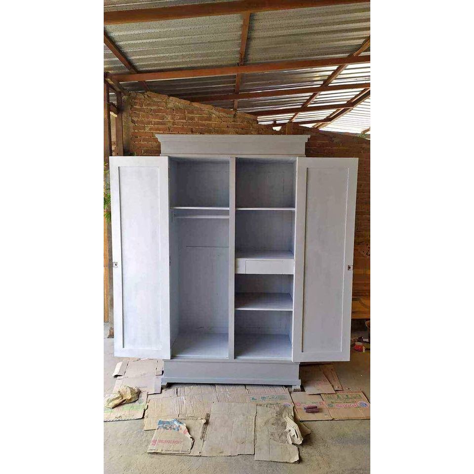 L015 LEMARI PAKAIAN DUCO PUTIH BAHAN KAYU JATI