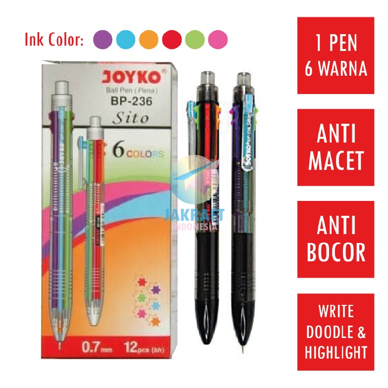 

KHUSUS 1 Pcs Pulpen Ballpoint 6 Warna in 1 Pen JOYKO BP236 SITO Tebal 7 mm Anti Macet Seperti BIC