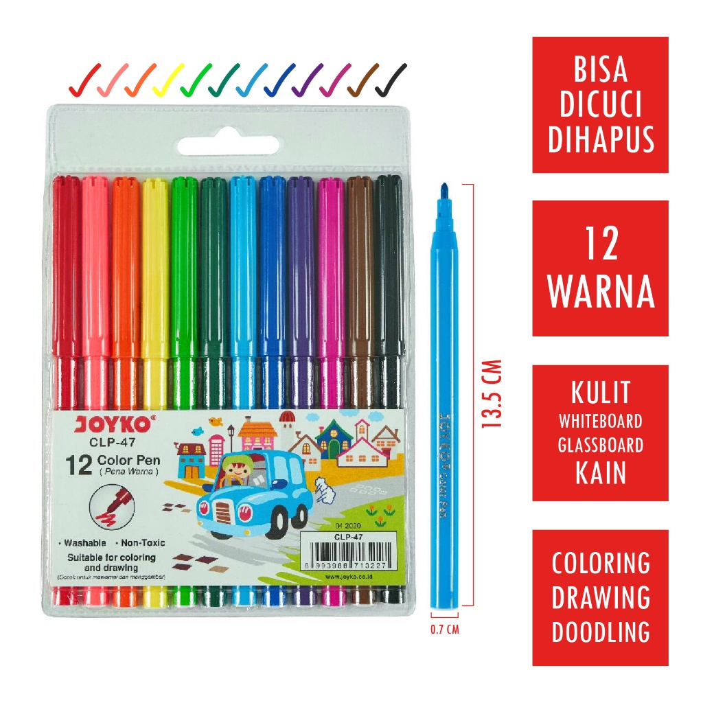 

KHUSUS 12 Pcs Spidol Bisa Dicuci Dihapus Set 12 Warna JOYKO CLP47 Washable Color Pen Marker Serbaguna