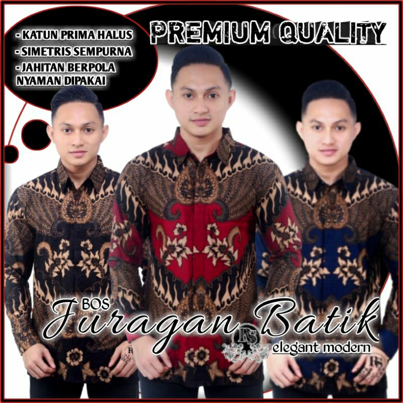 Batik Pria Warna Maroon Navy Hitam | Kemeja Batik Pria Lengan Panjang Premium - Batik Cowok Cowo