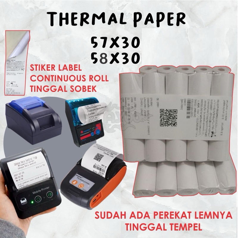 

KERTAS LABEL STICKER THERMAL 58MM X 5 METER TEBAL TIDAK MUDAH LUNTUR 58X30 KERTAS TERMAL STIKER PRINTER 58MM LABEL STIKER DIRECT CONTINUOUS ROLL