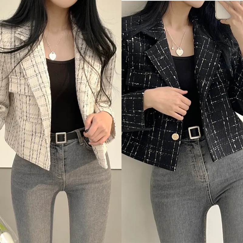 Jaket Wanita Crop Terbaru Lengan Panjang/ Jacket Korean Style Retro Plaid Import Crop/ Jacket Jaket 