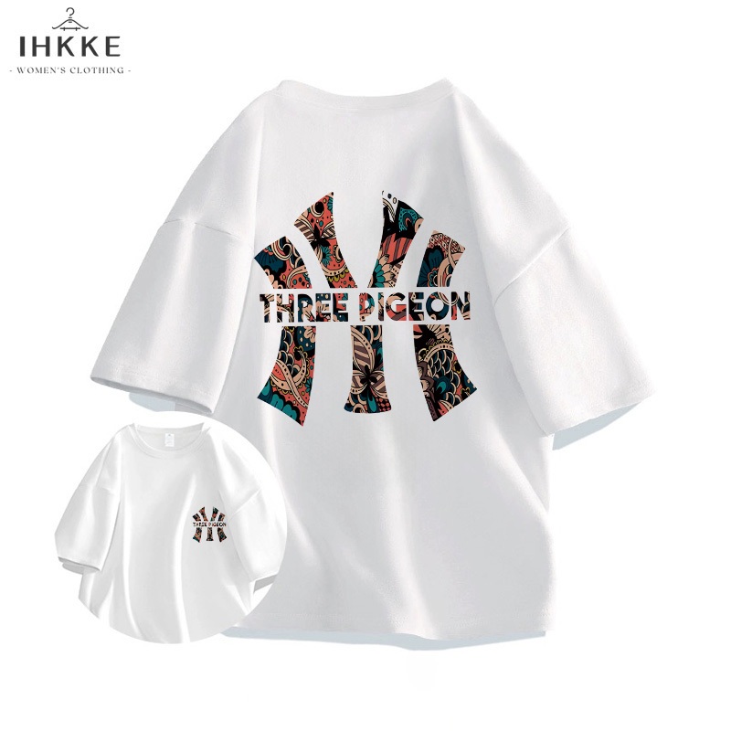 IHKKE Kaos Wanita Baju Oversize Three Pigeon MLB Korean Style T shirt 100% Cotton  Vintage