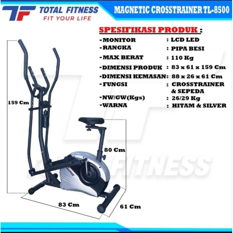 Sepeda Olahraga Elliptical Crosstrainer TL-8500 Total Fitness - Pipa Besi, LCD LED, 110 kg Max User Weight