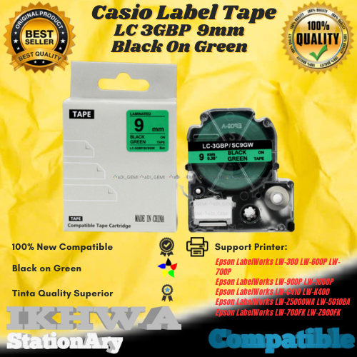 

Compatible Casio Label Tape 9mm Epson LC 3GBP Black On Green
