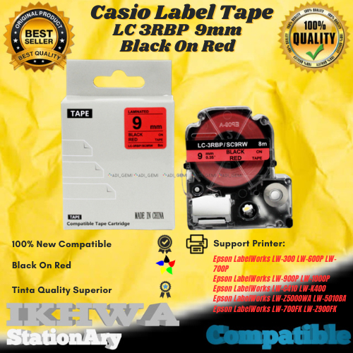 

Compatible Casio Label Tape 9mm Epson LC 3RBP Black On Red