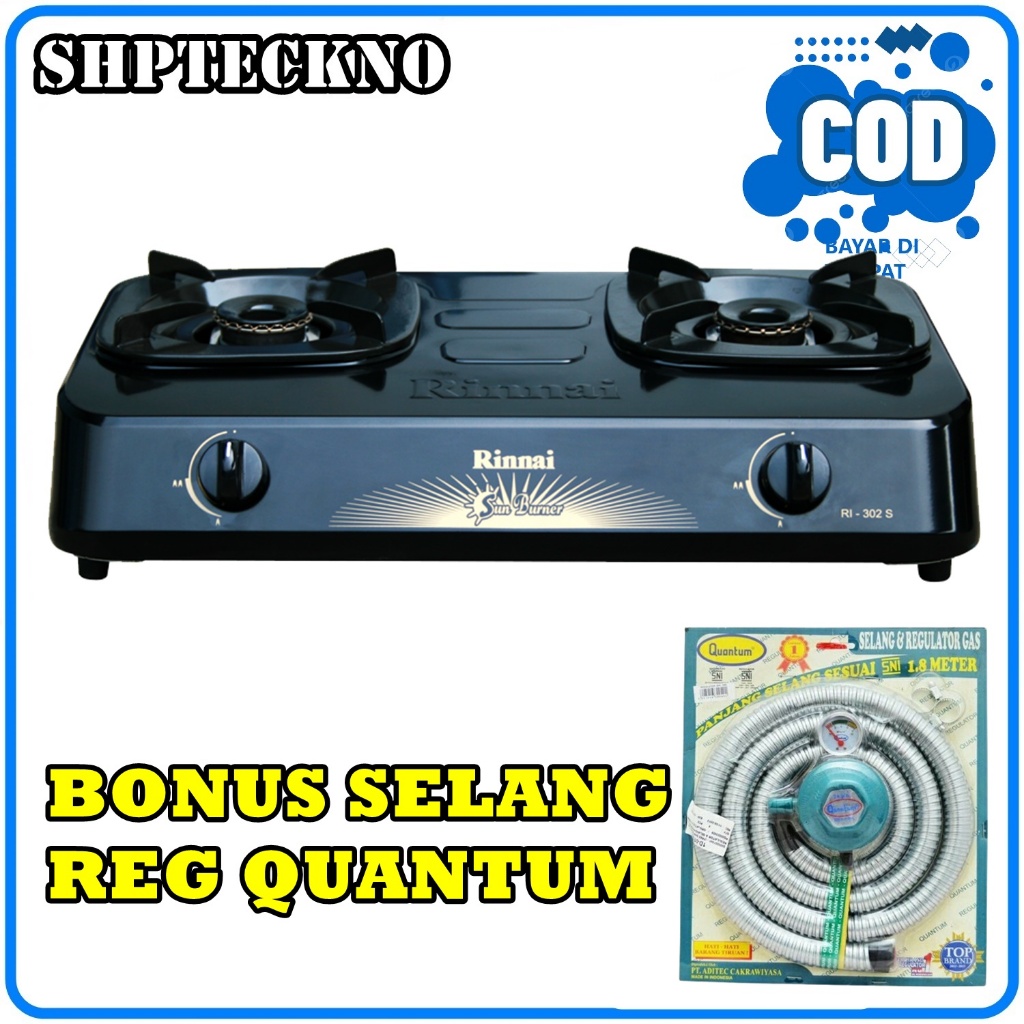 Rinnai 302S Kompor Gas 2 Tungku Body Stainless BONUS SELANG REG QUANTUM