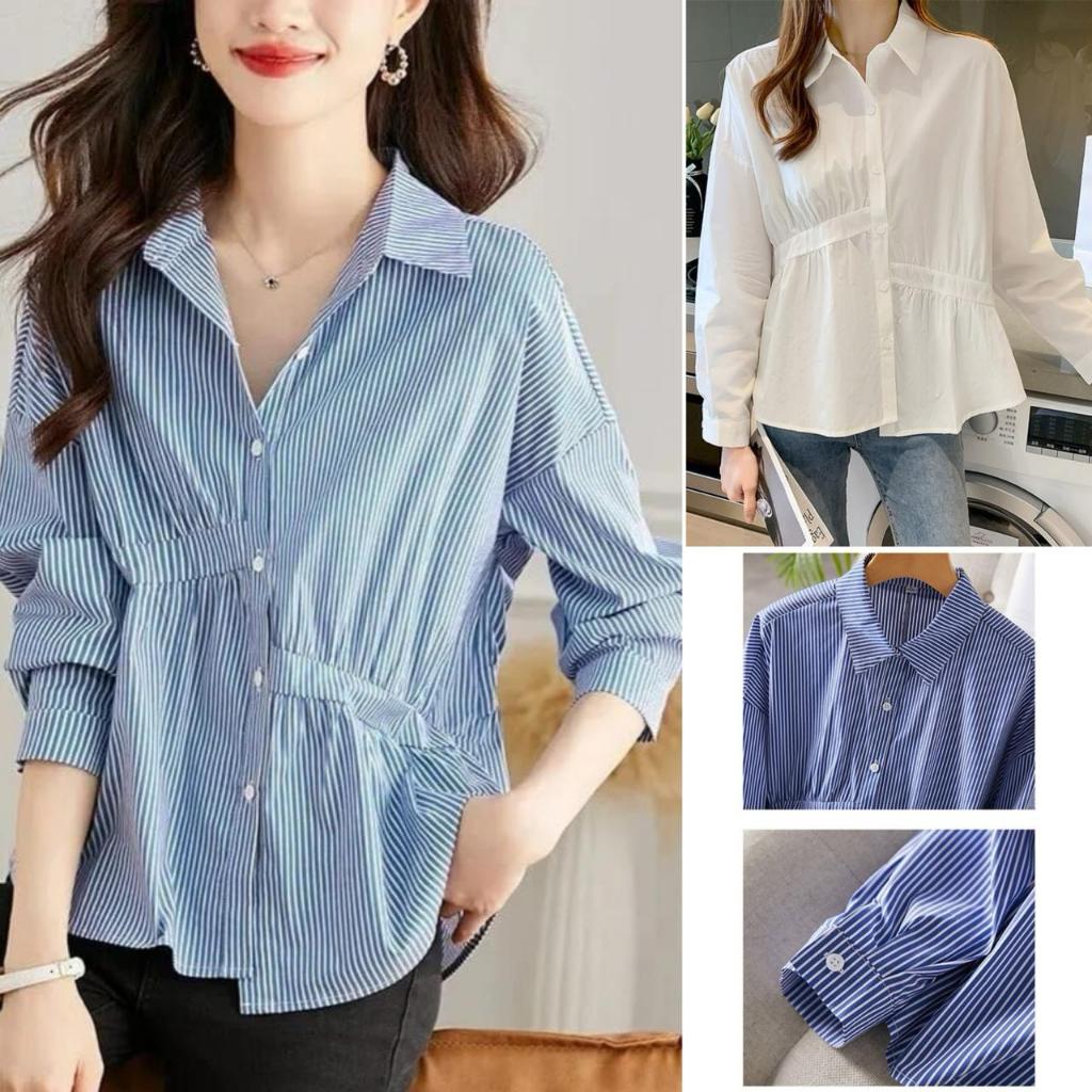 Uxuclo Ruffle Katun Shirt Long Sleeve/Kemeja Wanita Salur/Kemeja Wanita Korea Style