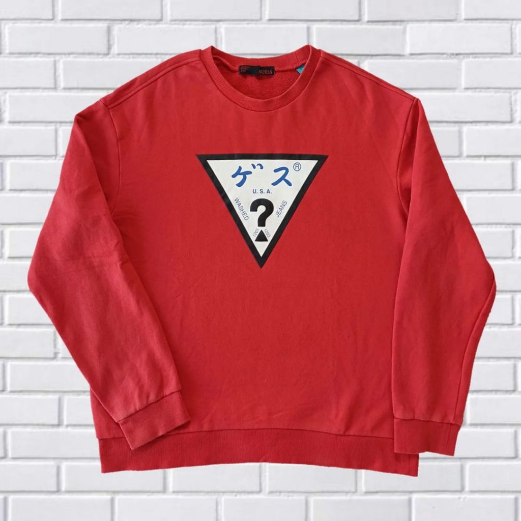 SWEATER CREWNECK GUESS THREEANGLE BIG LOGO , SIZE L-XL (SECOND BRANDED), MERAH PEKAT, CN0122