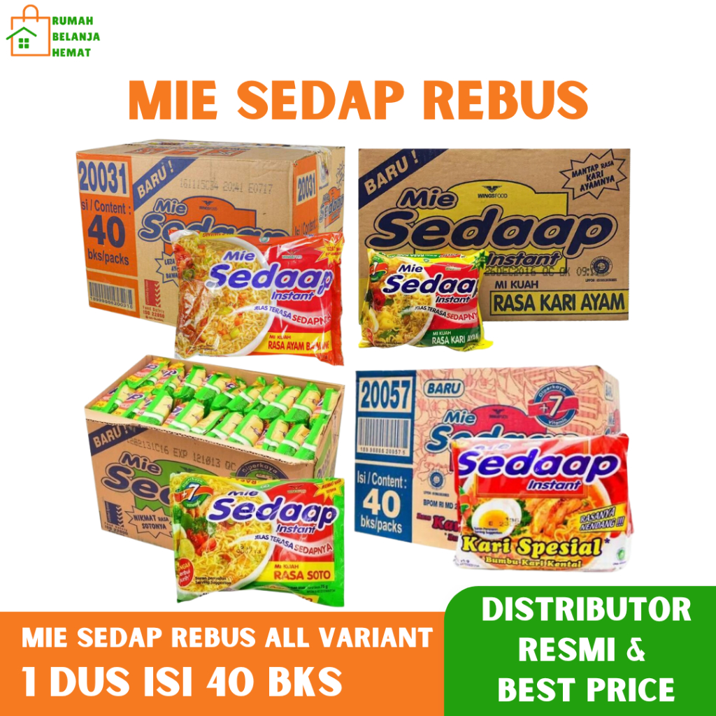 

Mie Sedaap Instant Mie Rebus All Varian Rasa Ayam Bawang Kari Ayam Kari Spesial Soto Kemasan 1 Dus isi 40 Bungkus