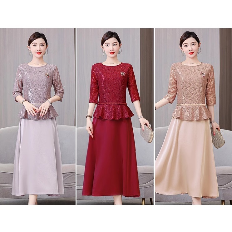 Gaun Pesta D24013 Ungu Merah Cream Lengan Siku Party Dress