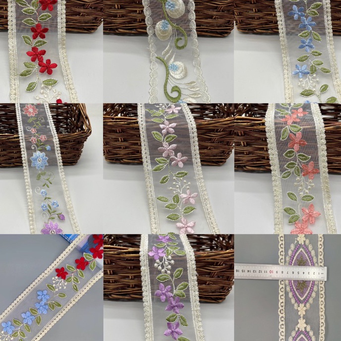 

HJ6 9CM Renda Bordir per yard Lace Ribbon Embroidery Bordiran Bunga Pita Bordir