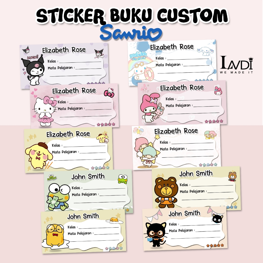 

Sticker Label Nama Custom Buku Pelajaran Sekolah Sanrio Kuromi Cinnamoroll Hello kitty Aesthetic