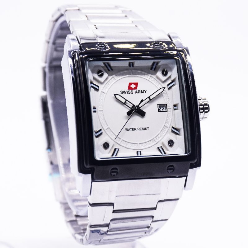 Jam Tangan Pria Swiss SA6321M Analog Tggl Segi Kotak Rantai Stainless Steel