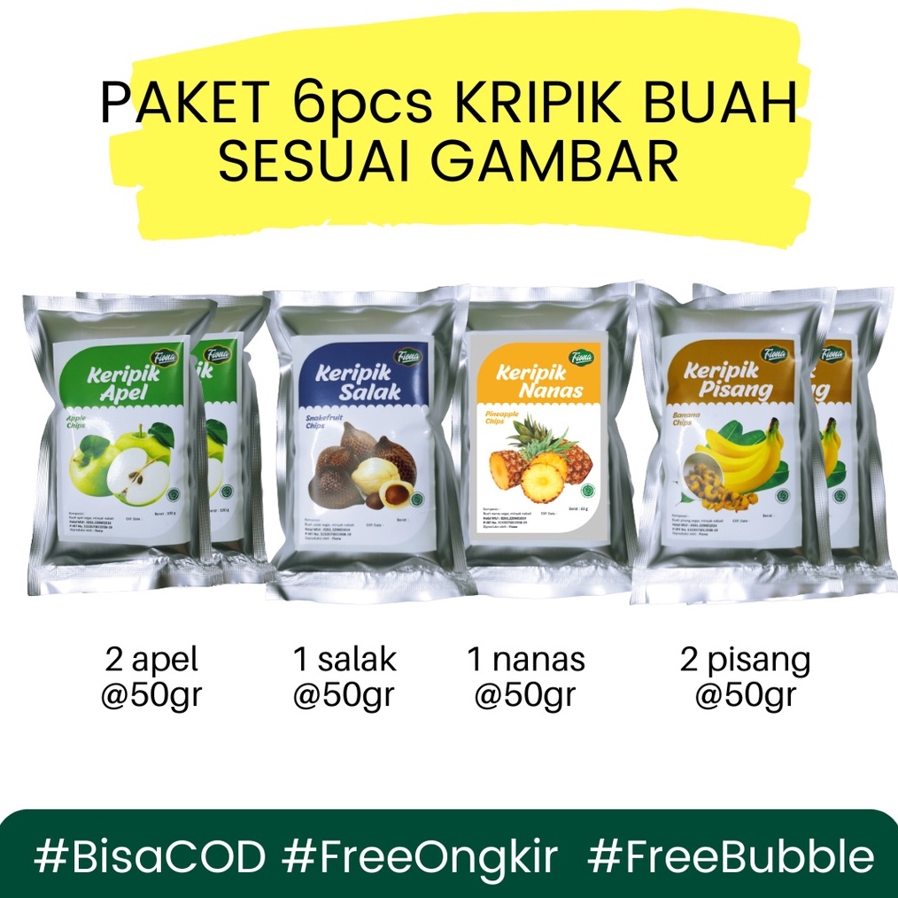 

SPESIAL BARU Fiona Paket Hemat Keripik Kripik Buah Apel Pisang Salak Nanas Rambutan 6pcs