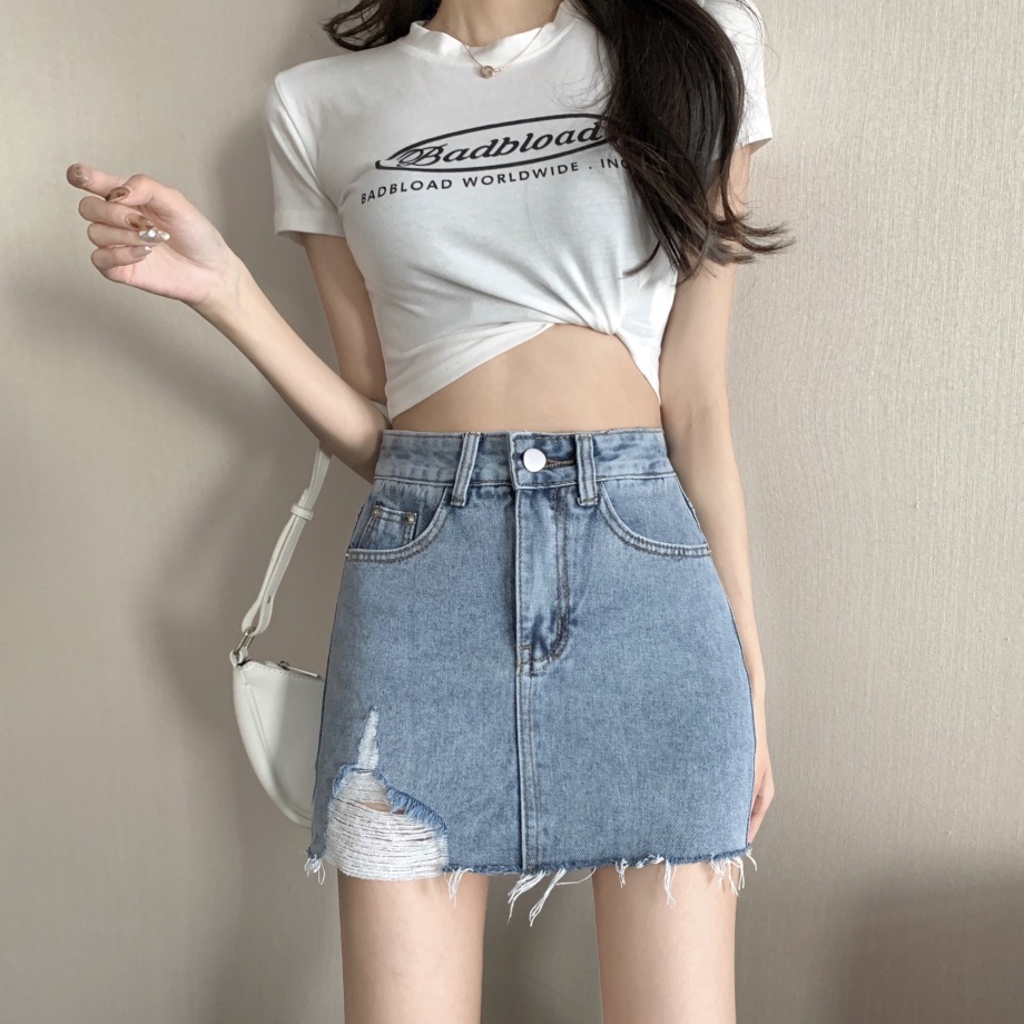 KP8 Rok jeans pendek korean high waist jeans sobek kekinian 224 rok mini sexy ootd rok short terbaru