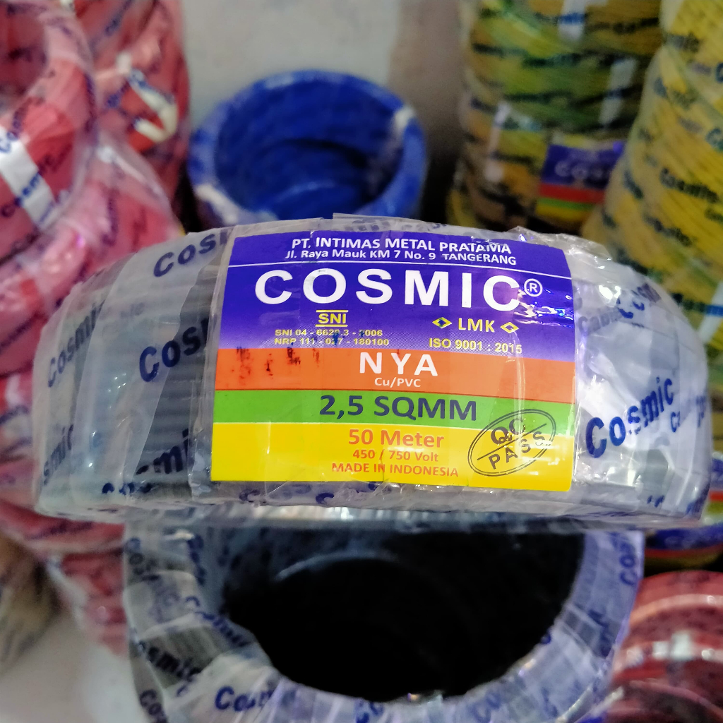 Kabel Listrik NYA 1x2.5 COSMIC 50 Meter Hitam SNI LMK Tembaga Kawat 1 Roll Tunggal Untuk Instalasi R