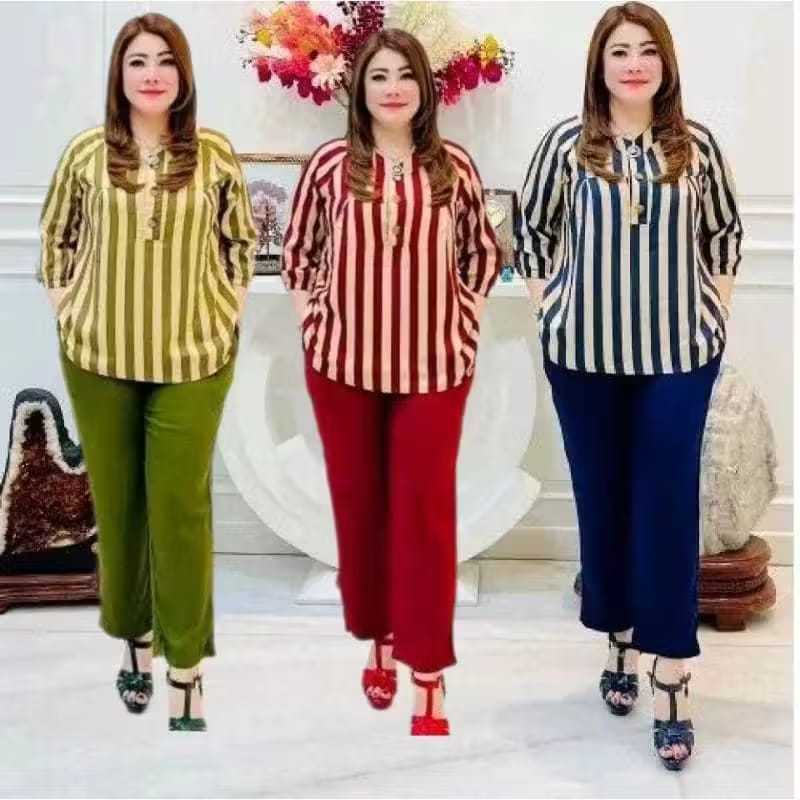 Setelan Salur Wanita Kekinian Setelan Motif Salur Terbaru