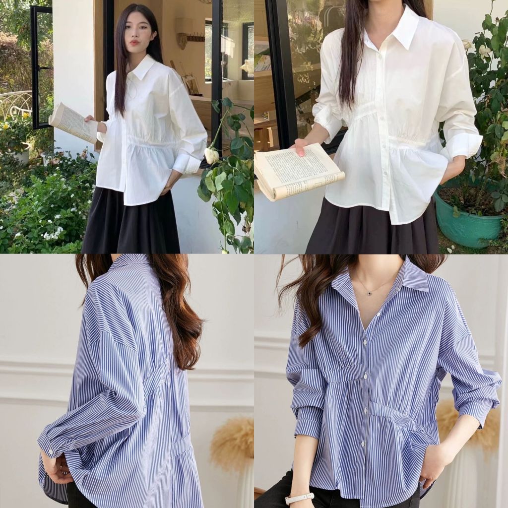 Sweet woman - kemeja serut salur putih wanita