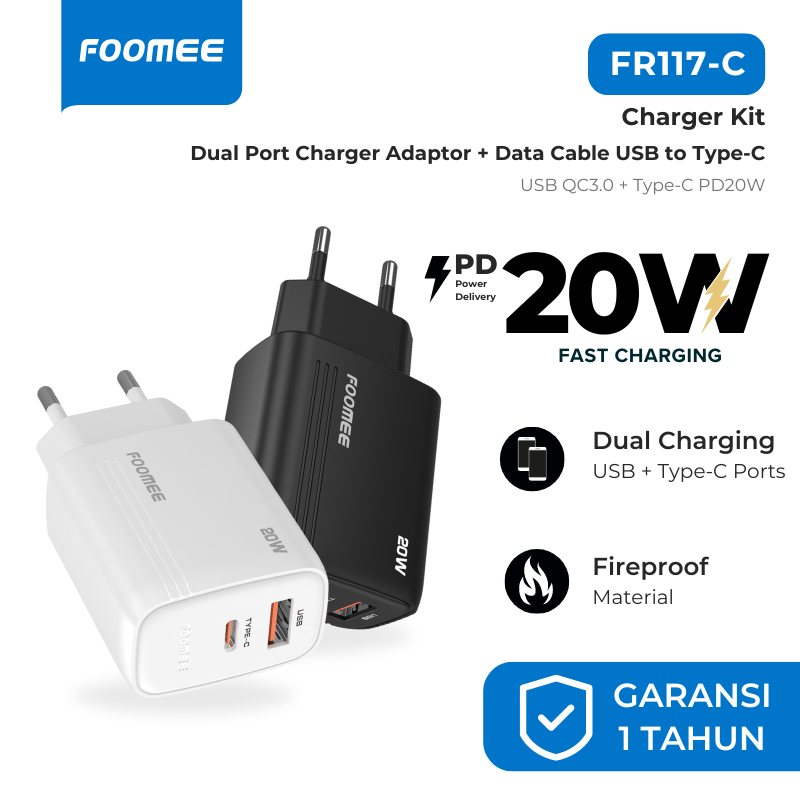 Foomee FR117-C Charger Kit Dual Port USB QC 3A & Type-C PD20W + Kabel Data Type-C 1M
