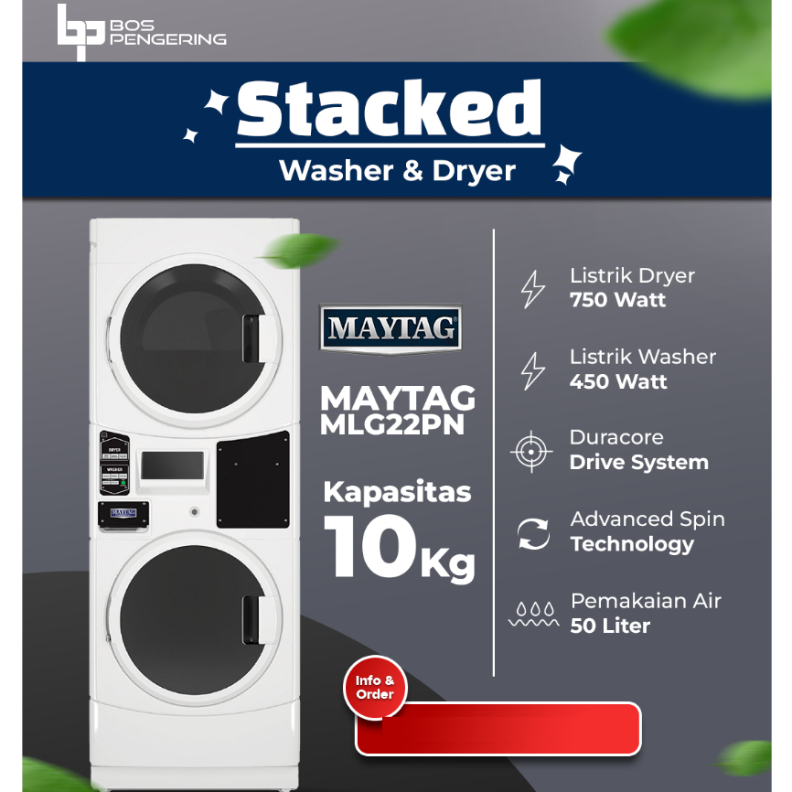 Maytag Stacked Non Coin MLG22PN (Washer Maytag 10 Kg & Dryer Maytag 10 Kg)