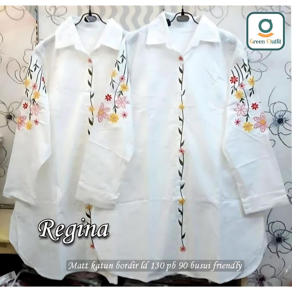regin baju blouse kemeja atasan wanita muslim jumbo ld 130 katun bordir polos putih kekinian terbaru