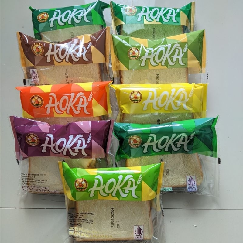 

Aoka roti panggang Aneka Rasa Mangga, Strawberry, Vanilla, Keju, Kelapa Pandan, Durian, Nanas, Blueberry, Cokelat