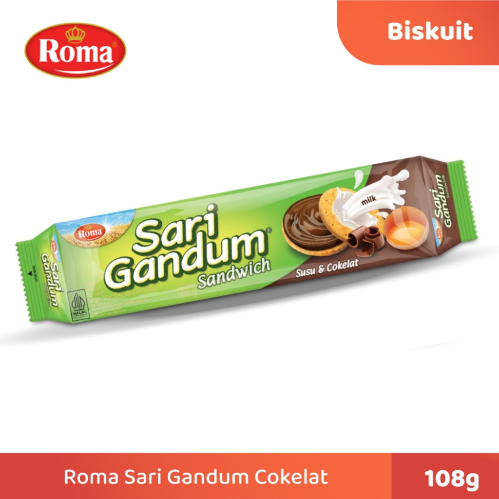 

Biskuit Roma Sari Gandum Biskuit Sandwich Roll Susu Coklat Cokelat 108g