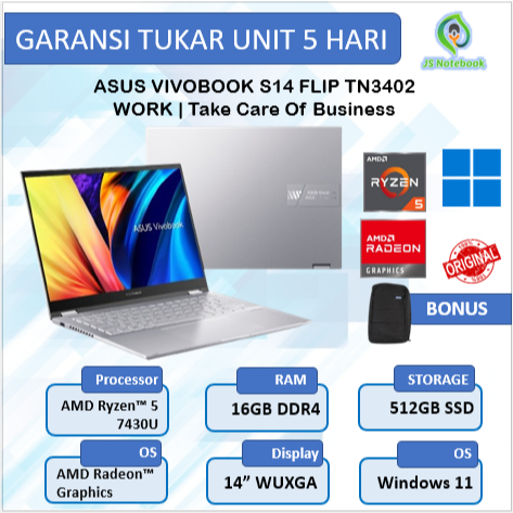 Asus Vivobook S14 Flip TN3402 Ryzen 5 7430U 16GB 512GB W11+OHS 14.0"Wuxga Touchscreen