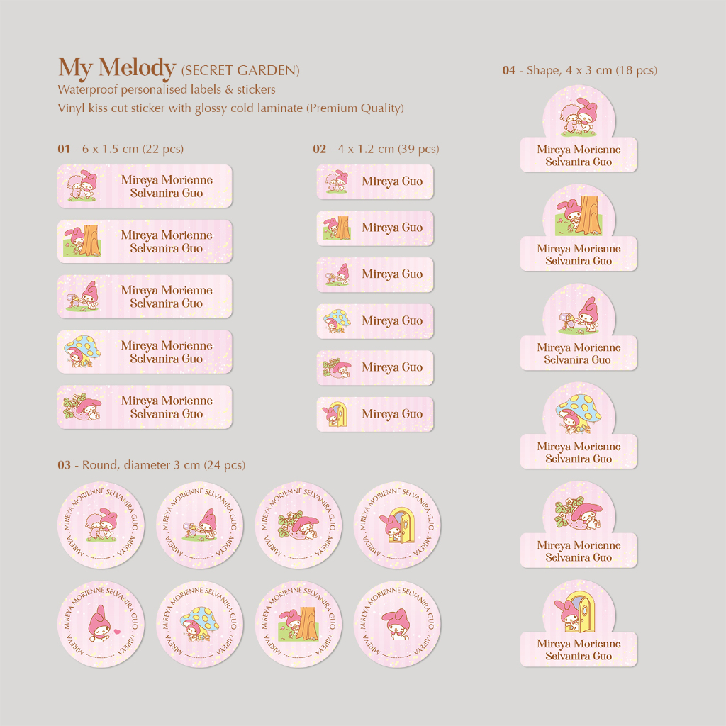 

MY MELODY (Secret Garden) / STICKER NAMA SINGLE PACK (4 bentuk , 4 ukuran) / Sticker Vinyl Waterproof (tahan air & anti sobek) / Label Sekolah / Label Nama Anak