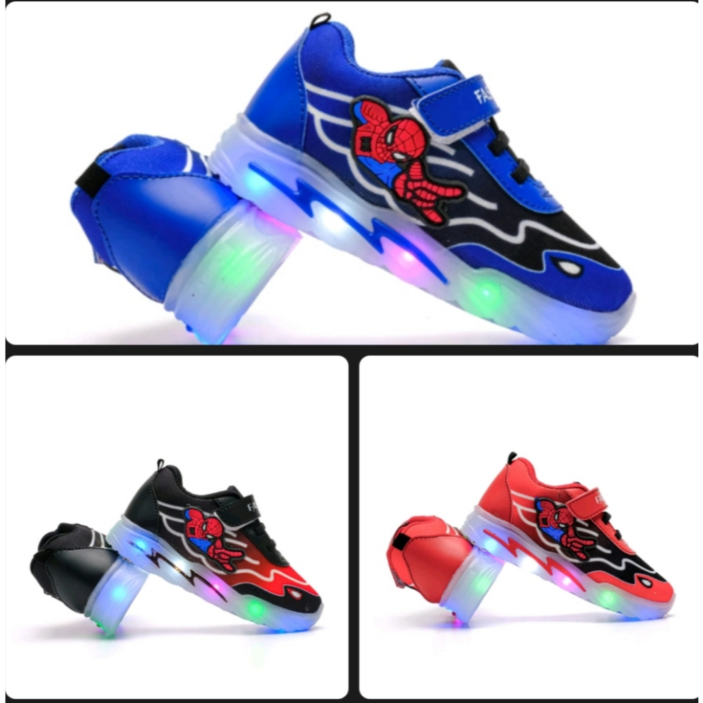 Sepatu LED Spiderman Anak Laki-Laki Keren Merah Biru Hitam/ Sepatu Sneakers Sport Anak Cowok Spider 